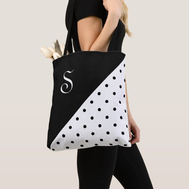 Chic Monogram Black White Polka Dot Geometric Tote Bag (Close Up)