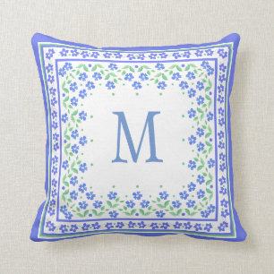 Chic Monogram Blue Periwinkles Floral Border Throw Pillow