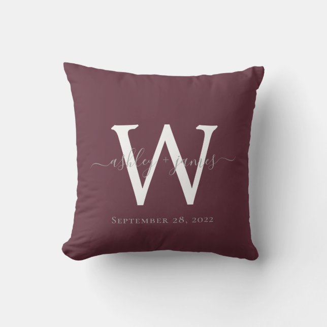 Chic Monogram Burgundy Wedding Keepsake Throw Pillow (Front)