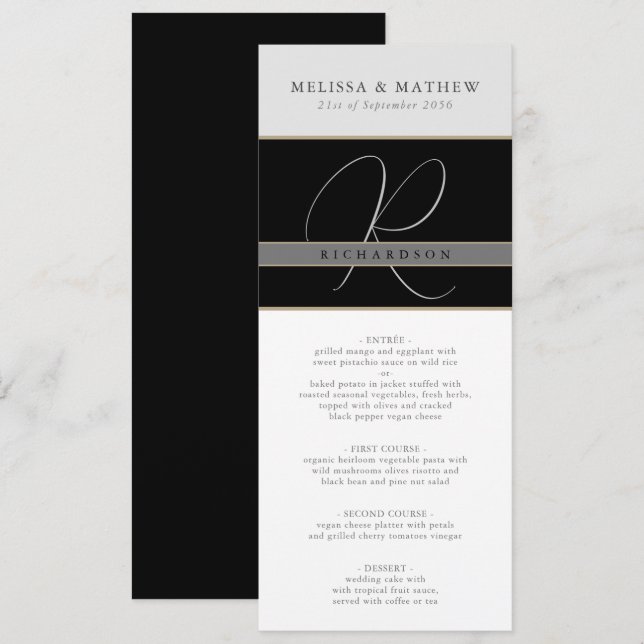 Chic Monogram Charcoal Black Grey White Wedding Menu (Front/Back)