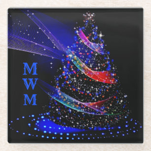 Chic Monogram Colours Glitter Christmas Tree Navy  Glass Coaster
