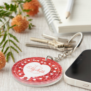Chic Monogram Coral Glitter Bokeh White Heart Dots Keychain