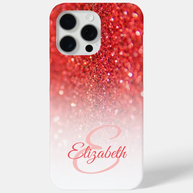 Chic Monogram Coral Glitter Ombre First Name Case-Mate iPhone Case (Back)