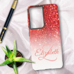 Chic Monogram Coral Glitter Ombre First Name Samsung Galaxy Case<br><div class="desc">This chic ombre design features a coral glitter background with custom name and initial letter monogram. Personalize the case in the text fields with a name and initial,  remove both or one or edit using the design tool to select a font style,  size,  and colour you like.</div>