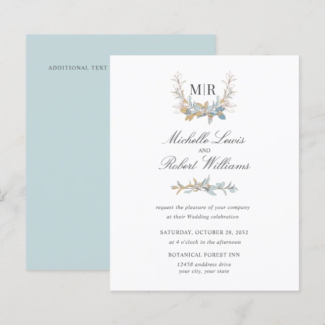 Chic Monogram  Crest Gold and blue floral Wedding (Front/Back)