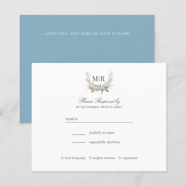 Chic Monogram Crest Gold and blue Wedding RSVP (Front/Back)