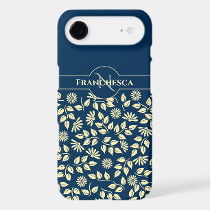 Chic Monogram Custom Name Leaves Daisies Blue