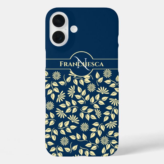 Chic Monogram Custom Name Leaves Daisies Blue Case-Mate iPhone Case (Back)