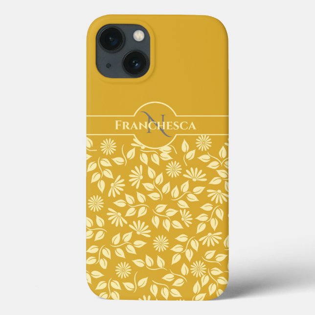Chic Monogram Custom Name Leaves Daisies Gold Case-Mate iPhone Case (Back)