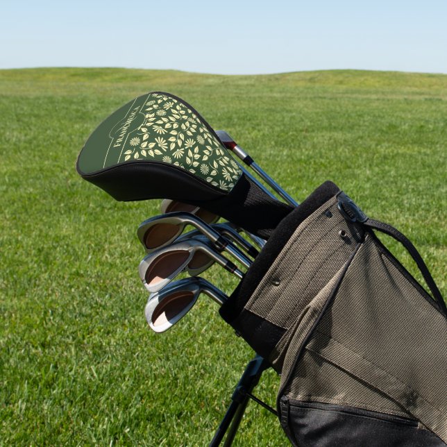 Chic Monogram Custom Name Leaves Daisies Green Golf Head Cover (In Situ)