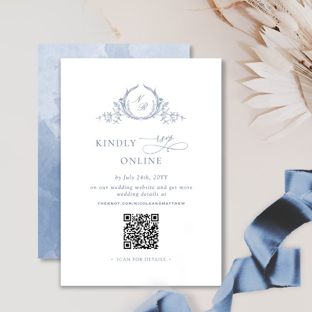 Chic Monogram Dusty Blue QR Code Wedding RSVP  Enclosure Card (Creator Uploaded)