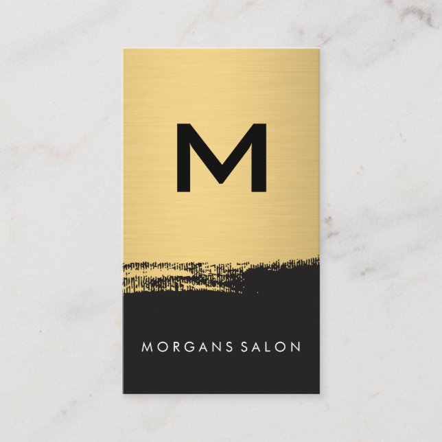 Chic Monogram Faux Metallic Gold Brushed Black Business Card (Front)