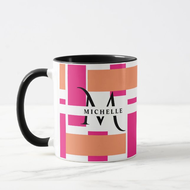 Chic Monogram Feminine Stripe Pattern Magic Mug (Left)