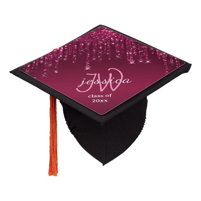 Chic Monogram Girly Hot Pink Glitter Drips  Graduation Cap Topper (Angled)