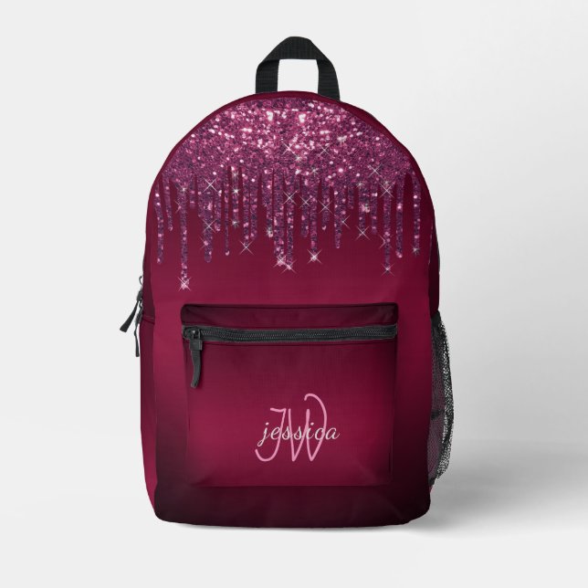 Chic Monogram Girly Hot Pink Glitter Drips  Printed Backpack (Front)