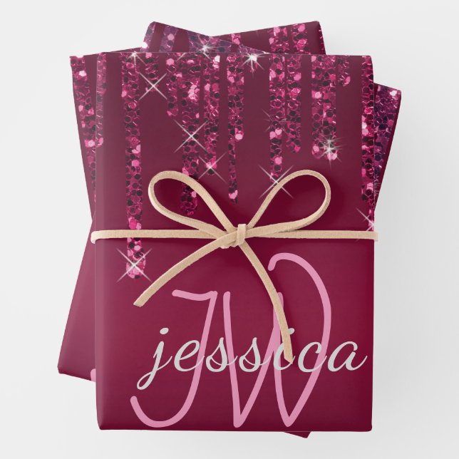 Chic Monogram Girly Hot Pink Glitter Drips  Wrapping Paper Sheet (In situ)