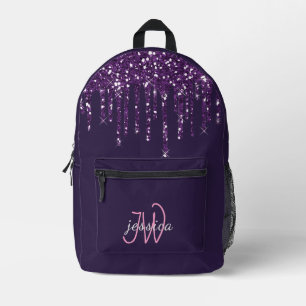 Chic Monogram Girly Hot Purple Glitter Drips Printed Backpack