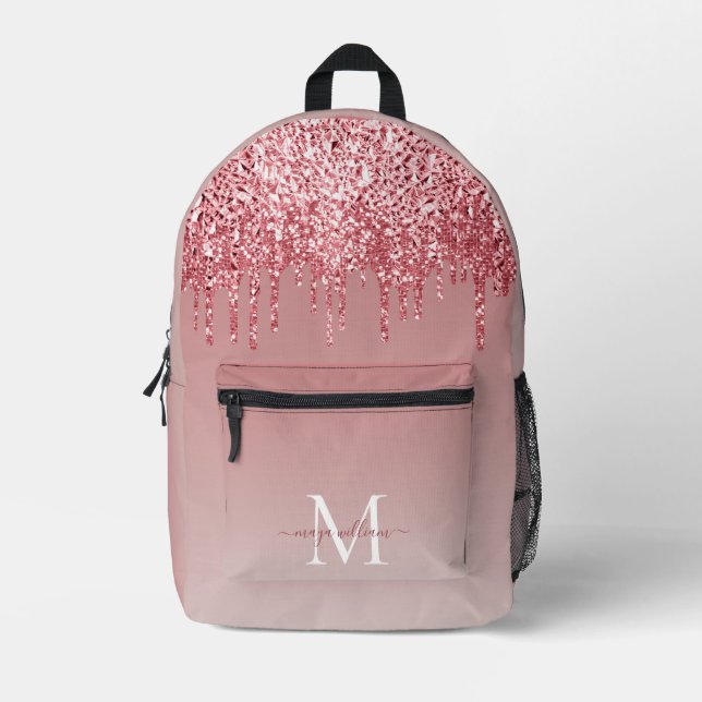 Chic Monogram Girly Rose Gold Glitter Drips Printed Backpack (Front)
