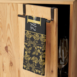 chic Monogram Gold Floral print pattern on black Kitchen Towel