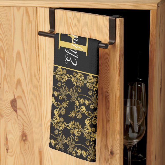 chic Monogram Gold Floral print pattern on black Kitchen Towel (Thirds Fold)