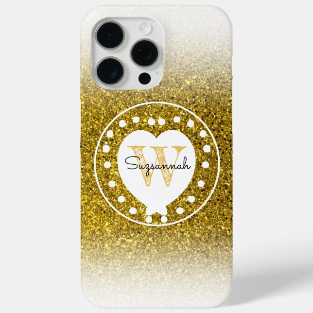 Chic Monogram Gold Glitter Heart Initial Letter Case-Mate iPhone Case (Back)
