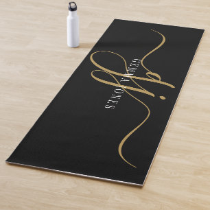 Chic Monogram Gold Script Initials Black  Yoga Mat