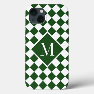 Chic Monogram Green White Chequered Pattern iPhone 13 Case