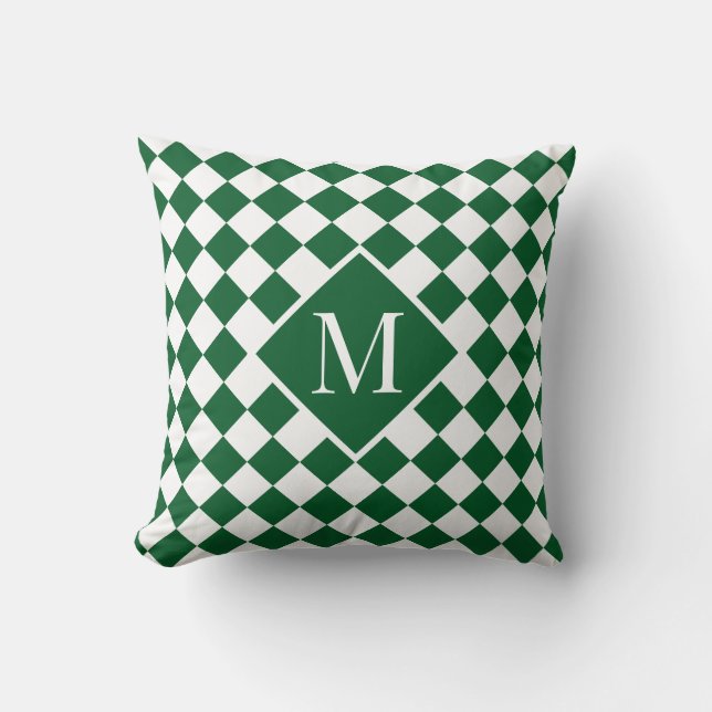 Chic Monogram Green White Chequered Pattern Throw Pillow (Front)