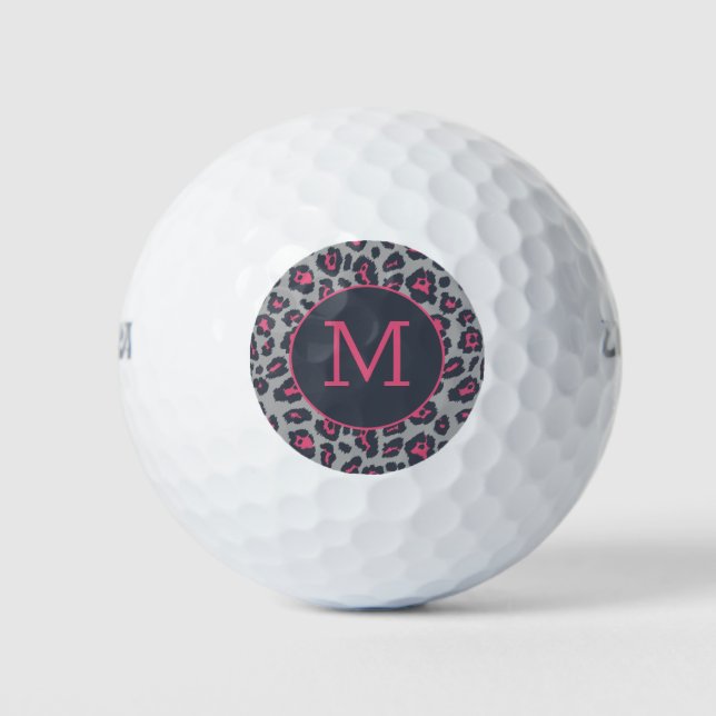 Chic Monogram Hot Pink Grey Leopard Print Pattern Golf Balls (Front)