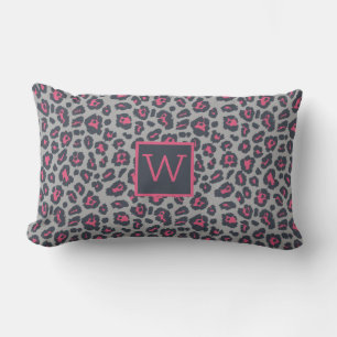 Chic Monogram Hot Pink Grey Leopard Print Pattern Lumbar Pillow