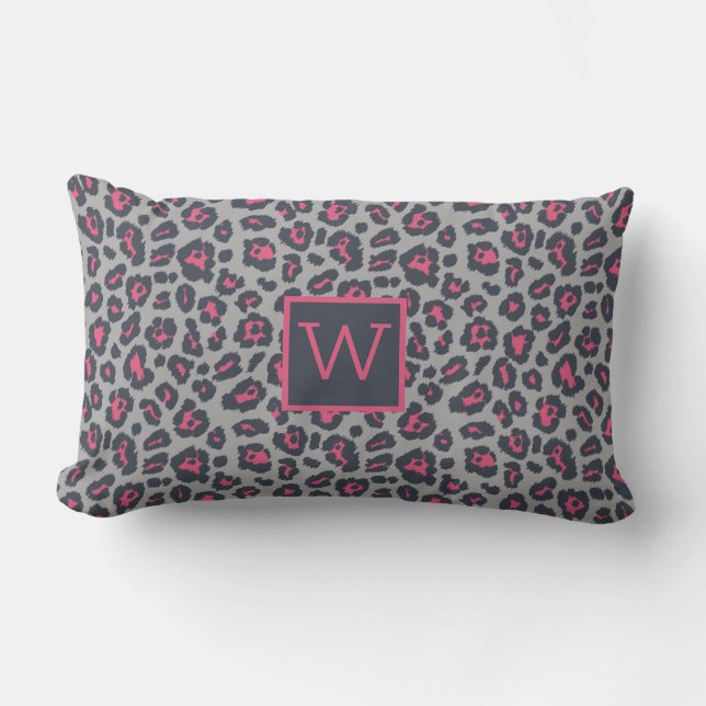 Chic Monogram Hot Pink Grey Leopard Print Pattern Lumbar Pillow (Front)