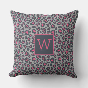 Chic Monogram Hot Pink Grey Leopard Print Pattern Throw Pillow