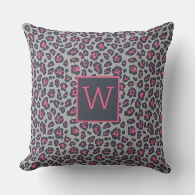 Chic Monogram Hot Pink Grey Leopard Print Pattern Throw Pillow (Front)