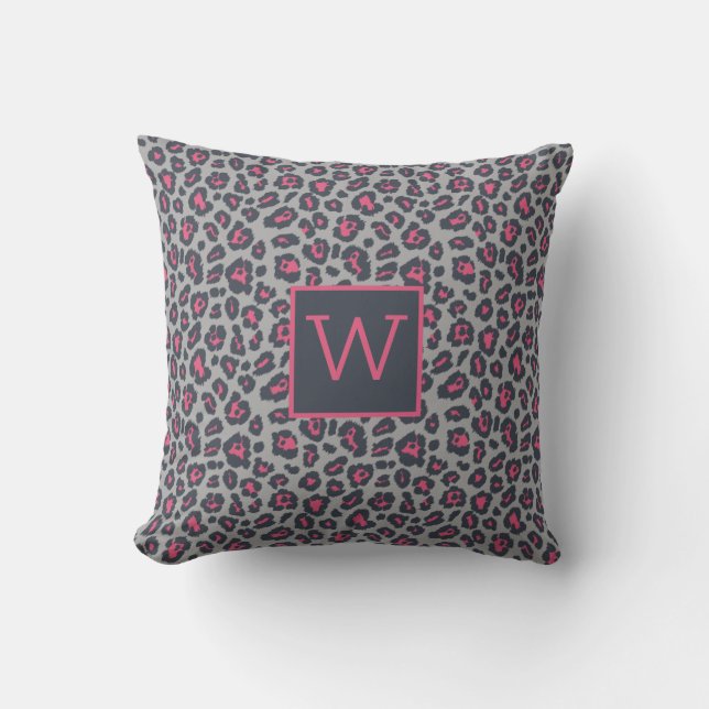 Chic Monogram Hot Pink Grey Leopard Print Pattern Throw Pillow (Front)