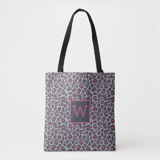 Chic Monogram Hot Pink Grey Leopard Print Pattern Tote Bag (Front)