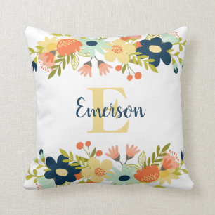 Chic Monogram Initial Boho Floral Pillow