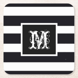 Chic Monogram Initial Cool Classy B & W Striped Square Paper Coaster