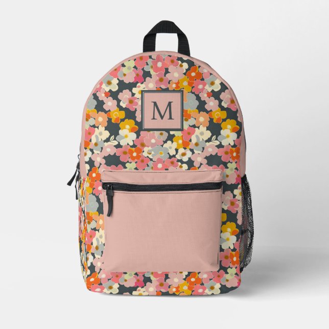 Chic Monogram Initial Floral Pink Backpack (Front)