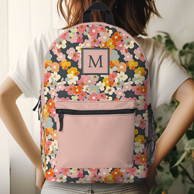 Chic Monogram Initial Floral Pink Backpack (Creator Uploaded)