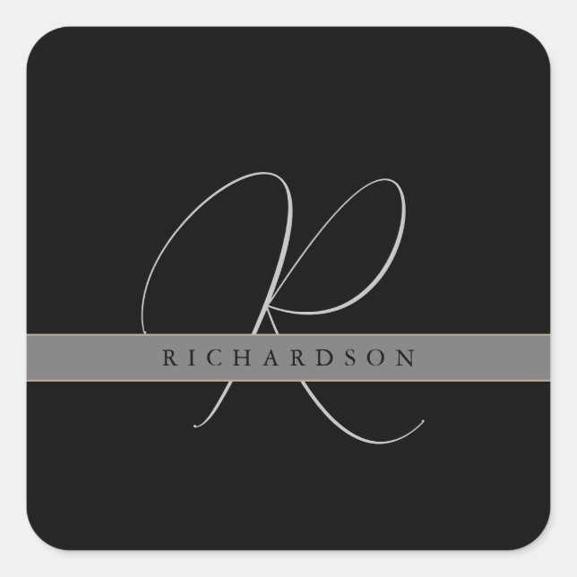 Chic Monogram Initial Name Charcoal Grey Black  Square Sticker (Front)