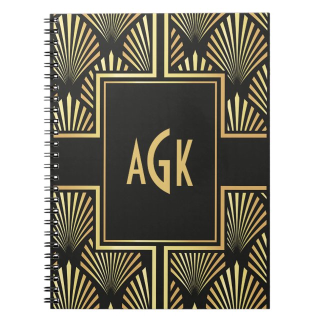 Chic Monogram Initials Black and Gold Art Deco  Notebook (Front)