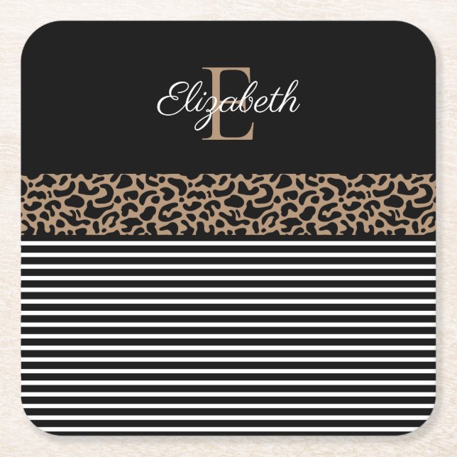 Chic Monogram Leopard Print Napkins Square Paper Coaster (Front)