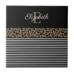Chic Monogram Leopard Print Tile<br><div class="desc">Chic and pretty monogram leopard print and black and white striped decorative tile. Personalize them with your monogram name and initial. Designed for you by Blackberry Boulevard.</div>