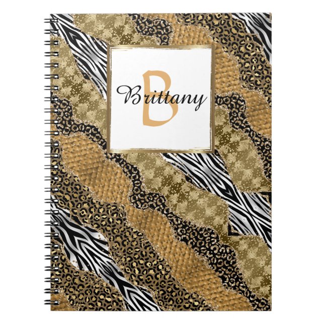Chic Monogram Leopard Safari Gold Glitter Notebook (Front)