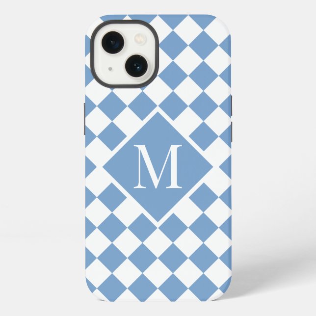 Chic Monogram Light Blue White Chequered Pattern iPhone Case (Back)