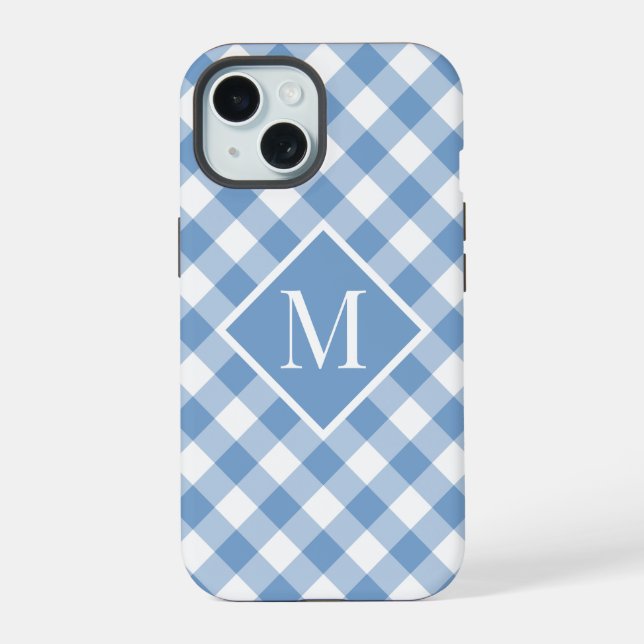Chic Monogram Light Blue White Gingham Check iPhone 15 Case (Back)