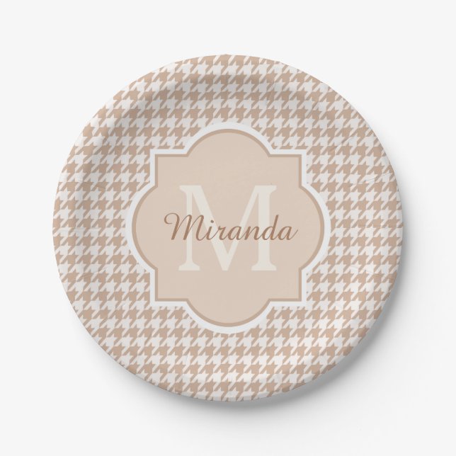 Chic Monogram Light Brown Houndstooth With Name Paper Plate (Front)