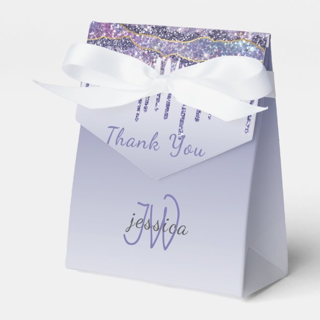 Chic Monogram Marble Blue Glitter Drips  Favor Box (Front Side)