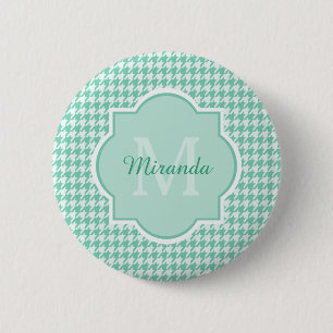 Chic Monogram Mint Green Houndstooth With Name 2 Inch Round Button
