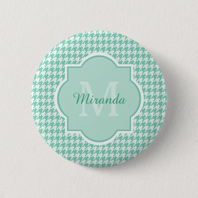 Chic Monogram Mint Green Houndstooth With Name 2 Inch Round Button (Front)
